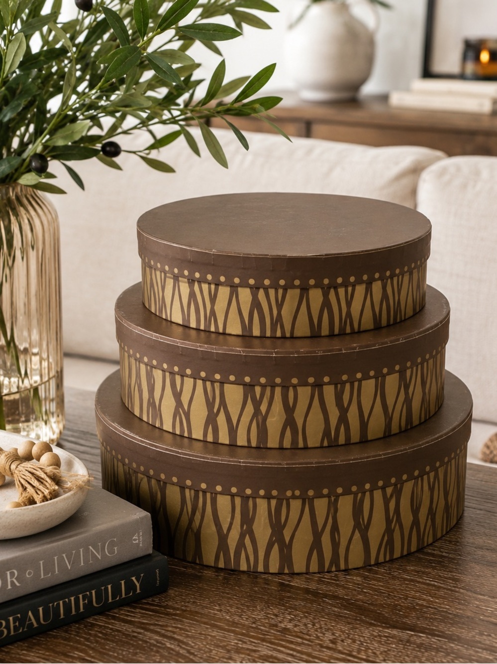 Brown & Gold Nesting Decorative Box Set | Round Storage Boxes | Boho Home Decor